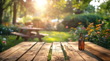 Wooden table in garden. Space text or product. Good Mock up.