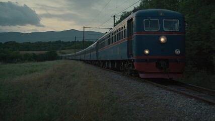 Naklejka premium Long train moving through a rural landscape at dusk, with hills and fields in the background. 