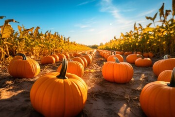 A field with pumpkins under blue sky, autumn background