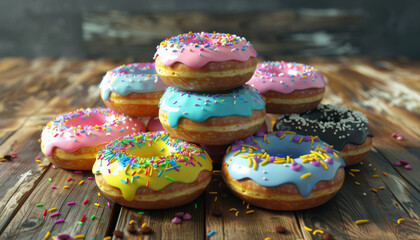 Stack of Colorful Glazed Donuts with Sprinkles