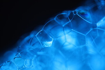 Blue bubbles in macro, connection of bubbles in macro, cell from liquid, molecules connection	