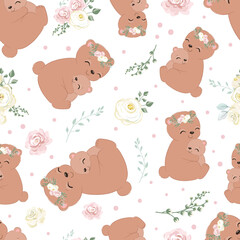 Cute mom and baby bear seamless pattern