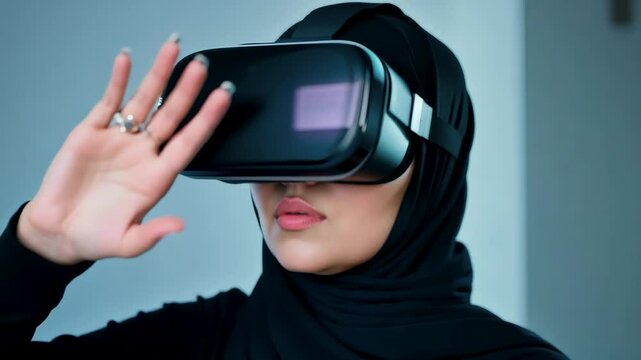 Muslim woman wearing hijab using VR headset in a modern setting, exploring virtual reality technology.