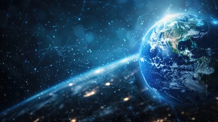 Obraz premium Digital Representation of Earth Encased in a Futuristic Network Grid, Illustrating Global Connectivity and Data Exchange in Outer Space