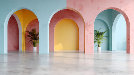 Fototapeta premium Colorful Arched Doorways with Palm Plants in Modern Interior