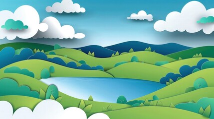 beautiful paper cut style green forest with small blue  water stream and cloudy sky on the back