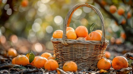 Oranges in a Basket: A basket filled with freshly picked oranges, surrounded by orange trees, showcasing the harvest season.