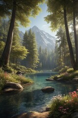Obraz premium Serene mountain lake surrounded by lush forest and wildflowers, with majestic mountains in the background under a clear sky. 