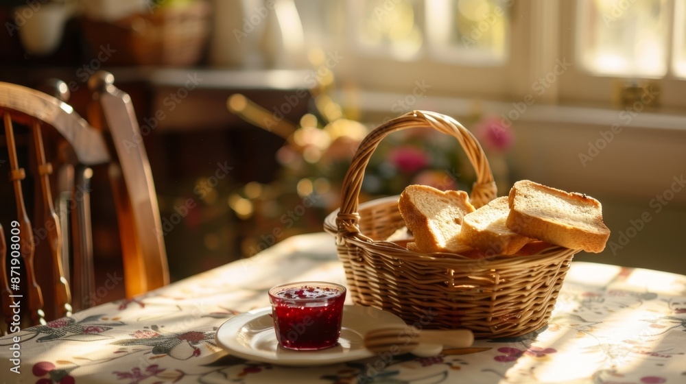 Poster a small wicker basket overflowing with local honey and homemade jam sits atop the table ready to be 