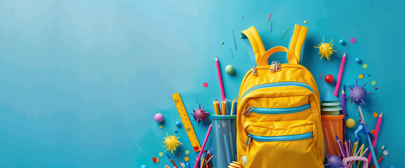 School items and yellow backpack isolated on blue background.
