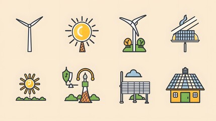 Set of Renewable Energy Source Icons for Sustainable Power Generation