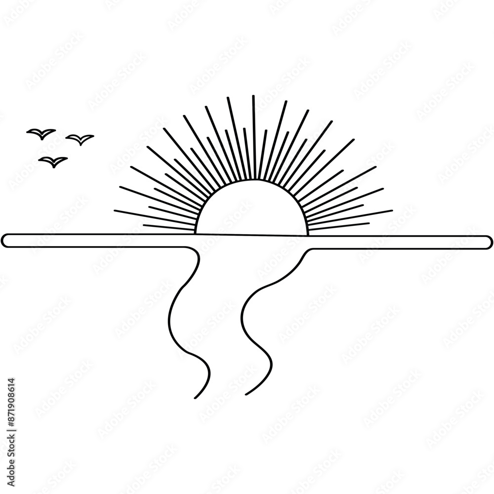Poster sunset single line art, continuous one line drawing of isolated outline vector art