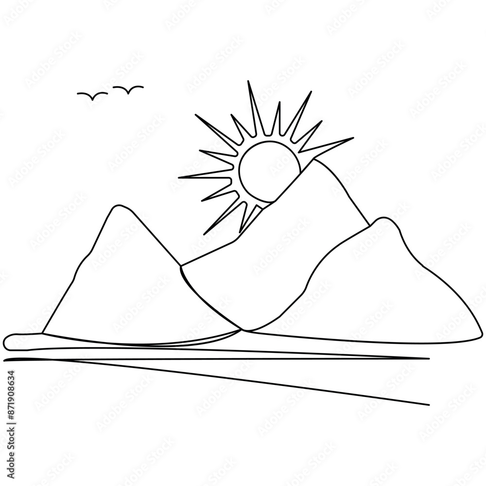Poster sunset single line art, continuous one line drawing of isolated outline vector art