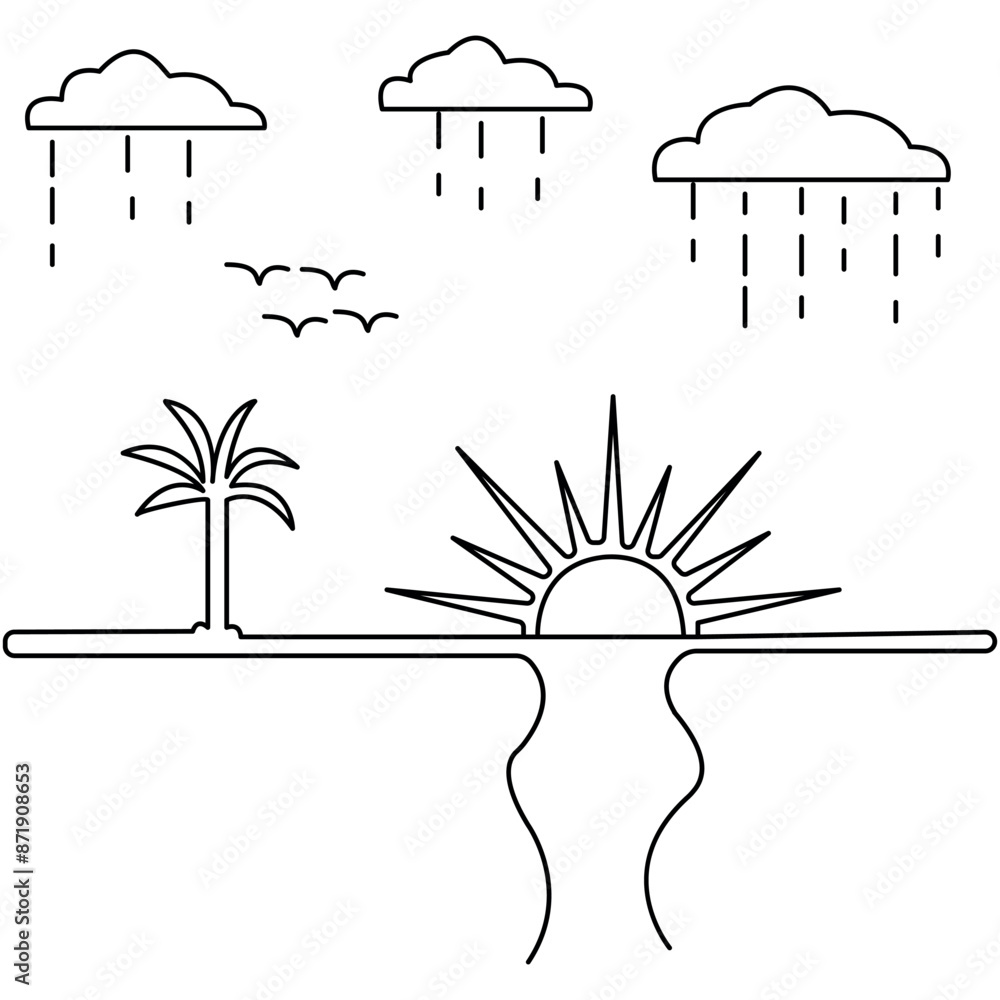Poster sunset single line art, continuous one line drawing of isolated outline vector art