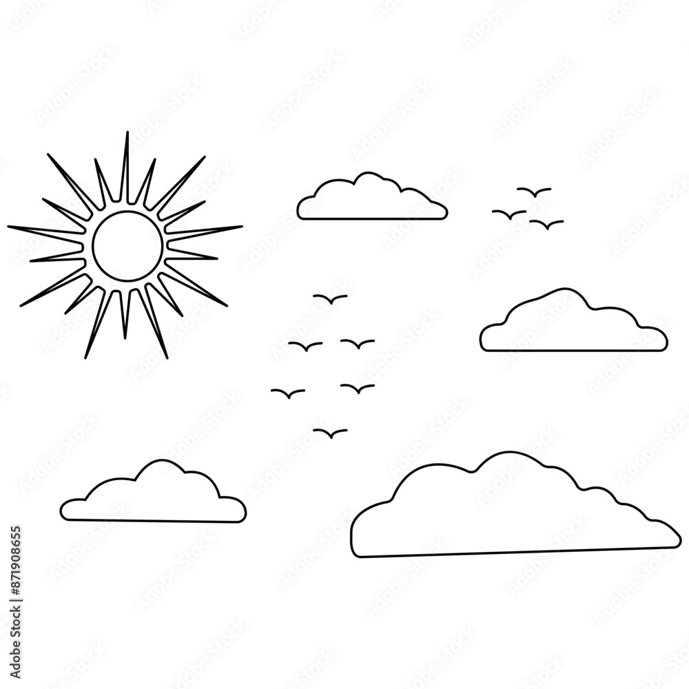 Poster sunset single line art, continuous one line drawing of isolated outline vector art