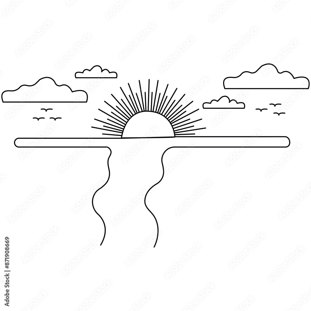 Poster sunset single line art, continuous one line drawing of isolated outline vector art