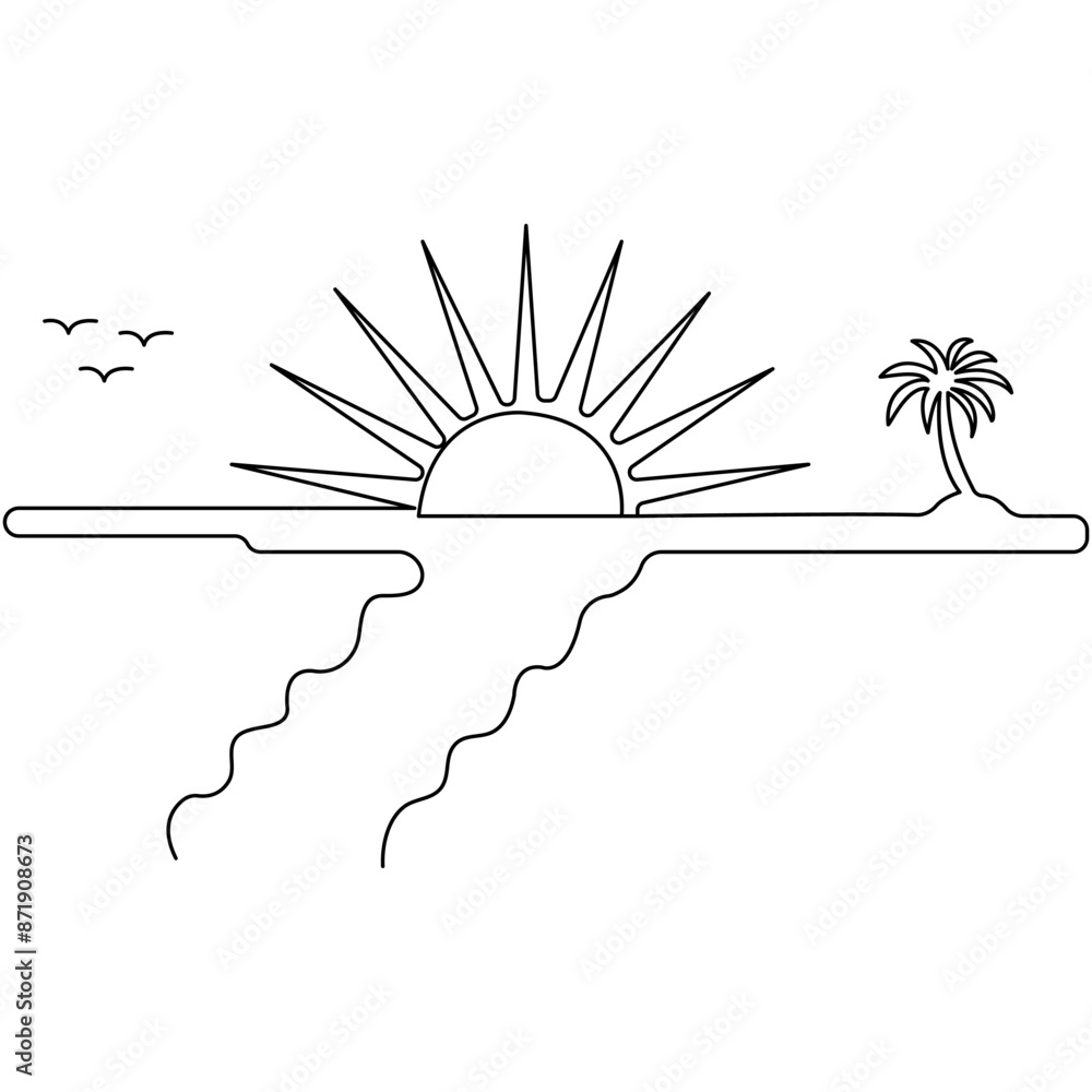 Poster sunset single line art, continuous one line drawing of isolated outline vector art