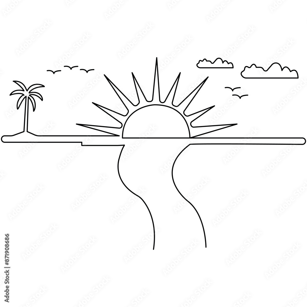 Poster sunset single line art, continuous one line drawing of isolated outline vector art