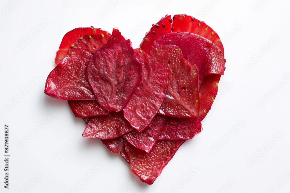 Poster Heart shaped strawberry fruit leather on white background in flat lay composition symbolizing love concept