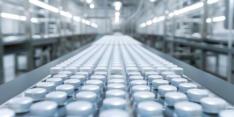 Obraz premium Indoor pharmaceutical plant with automated robotic production line for vitamins and supplements. Concept Pharmaceutical Industry, Automated Production, Robotic Technology, Vitamins and Supplements