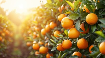 Orange plantation on sunny summer day. Landscape photo. Heathy fresh fruit. Vitamin. Orange grove harvest.	