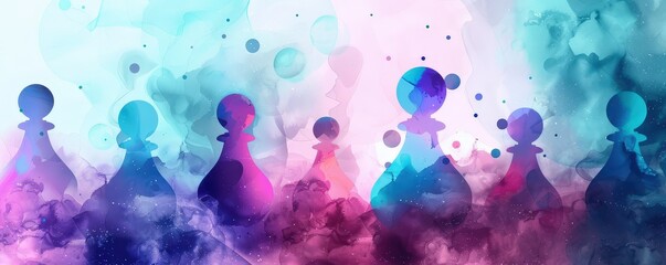 Abstract Cosmic Chess Pieces Watercolor Painting with Vibrant Colors and Surreal Background