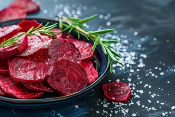 Homemade beet chips with sea salt rosemary Vegan recipe on blue background