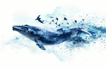 Fototapeta premium Generative AI watercolor illustration of a blue whale in the ocean with birds in the sky on a white background. Vintage edition.