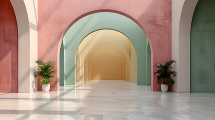 Pastel arches with palm plants in minimalist interior