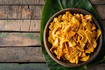 Kerala s special snack crispy jackfruit chips fried in coconut oil on a banana leaf