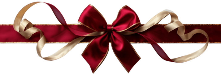 Christmas present red ribbon and bow with gold isolated against transparent background