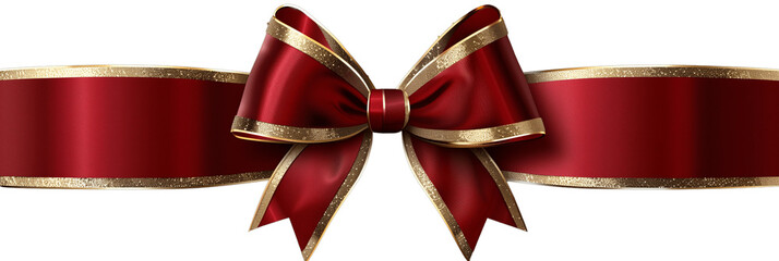 Christmas present red ribbon and bow with gold isolated against transparent background
