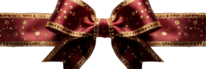 Christmas present red ribbon and bow with gold isolated against transparent background