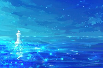 Abstract Chess Piece on Bokeh Background with Blue Water Effect