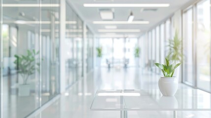 Fototapeta premium Abstract blurred image of a modern office corridor illuminated by bright ceiling lights, conveying work atmosphere