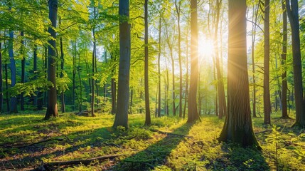 Fototapeta premium A serene forest scene with tall trees and sunlight filtering through the leaves.