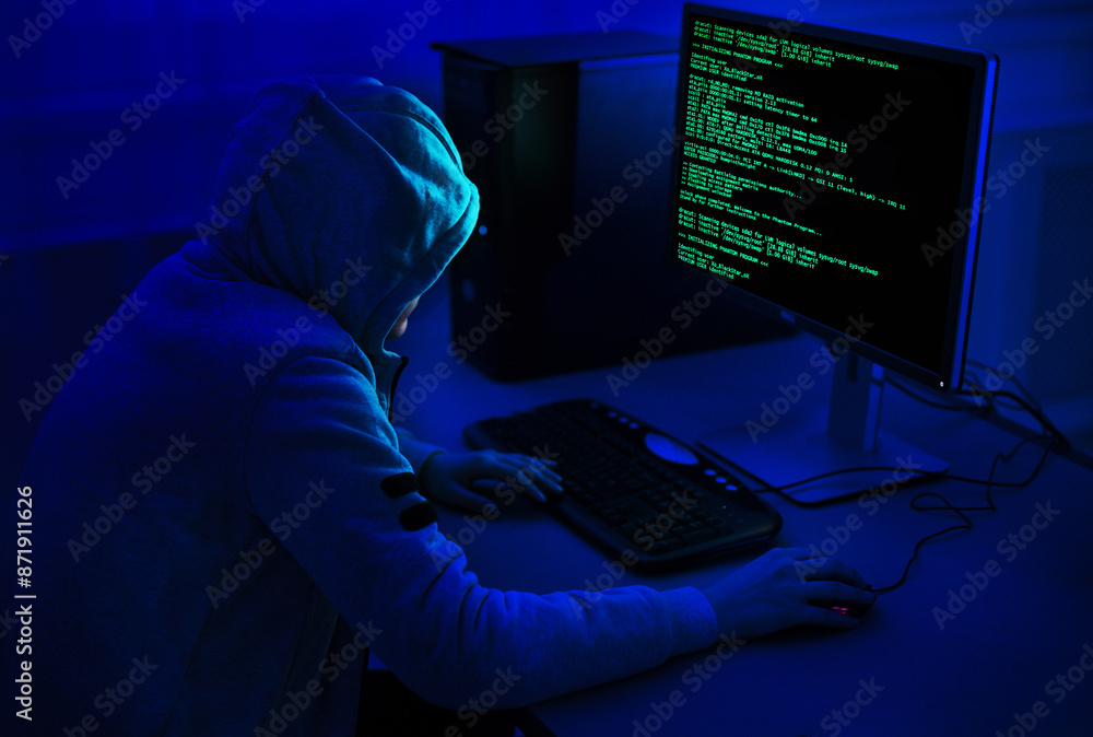 Poster Cybercrime and Hacking Concept. Unrecognizable Hacker Using Computer Virus Program For Cyber Attack