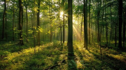 A serene forest scene with tall trees and sunlight filtering through the leaves.