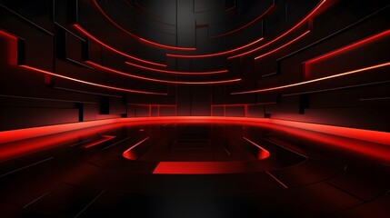 
3d rendering of red and black abstract geometric background. Scene for advertising, technology, showcase, banner, game, sport, cosmetic, business, metaverse. Sci-Fi Illustration. Product display