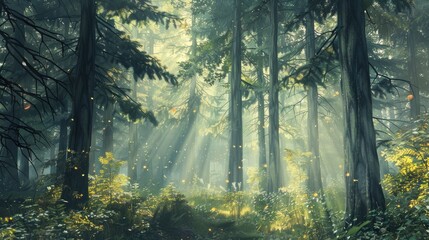 Obraz premium A serene forest scene with tall trees and sunlight filtering through the leaves.