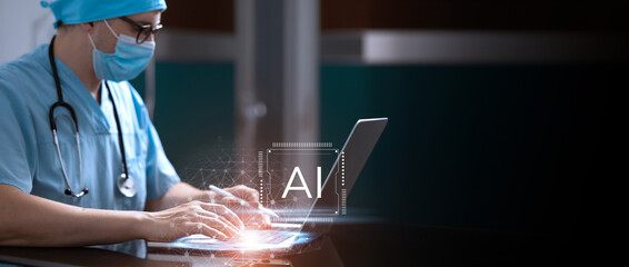 Doctor uses AI on laptop to analyze medical data in a modern office.