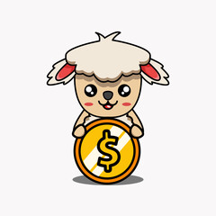 vector design illustration of cute mascot sheep character holding coin