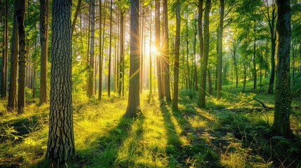 Fototapeta premium A serene forest scene with tall trees and sunlight filtering through the leaves.
