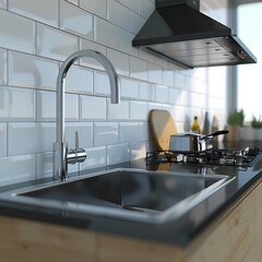 Modern Kitchen Sink With Chrome Faucet And White Subway Tile Backsplash