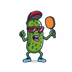 illustration of pickle wearing sweatband and sports sunglasses is playing pickleball with paddle on a white background