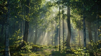 A serene forest scene with tall trees and sunlight filtering through the leaves.