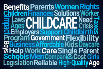 Childcare Word Cloud on Blue Background