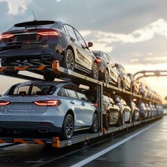 A Multi-Level Car Transporter Hauling New Vehicles Along a Highway at Sunset