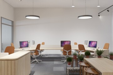 Modern office corner, white walls, computer desks