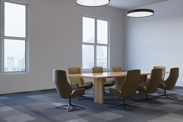 Modern office corner, white walls, computer desks